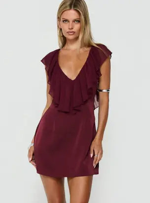 Madibelle V Neck Frill Mini Dress Wine from Princess Polly