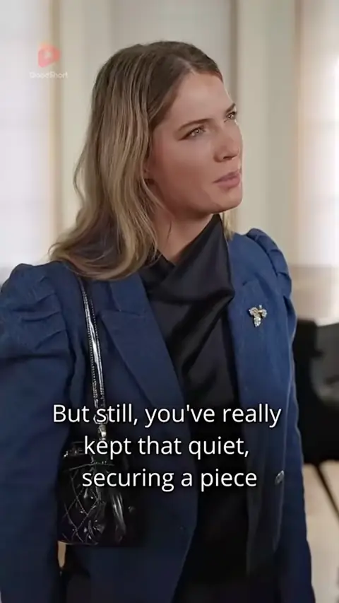 Navy puff-shoulder blazer with a brooch, in This Time I Choose Mr. Mafia