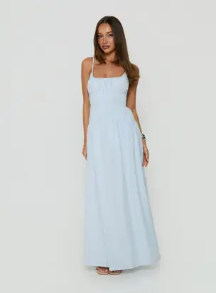 Magnolie Shirred Maxi Dress Blue Stripe from Princess Polly