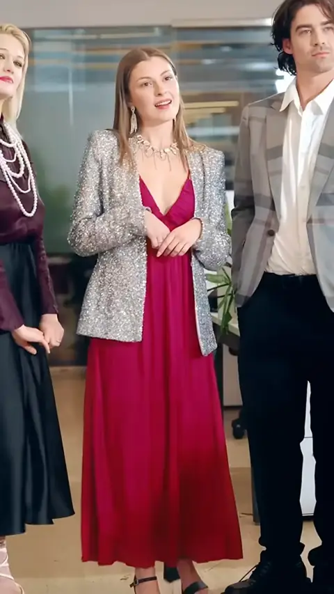 Magenta slip maxi dress under a silver sequin blazer, in You Bullied the Wrong Woman