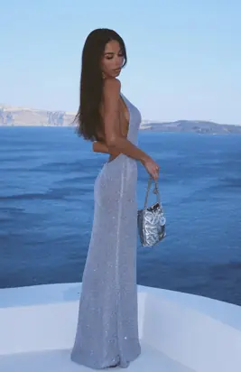 Disco Shimmer Knit Halter Maxi Dress Silver from White Fox
