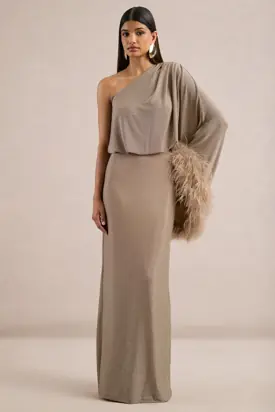 Galena | Champagne Glitter One Sleeve Maxi Dress With Feather Detailing from Club L London