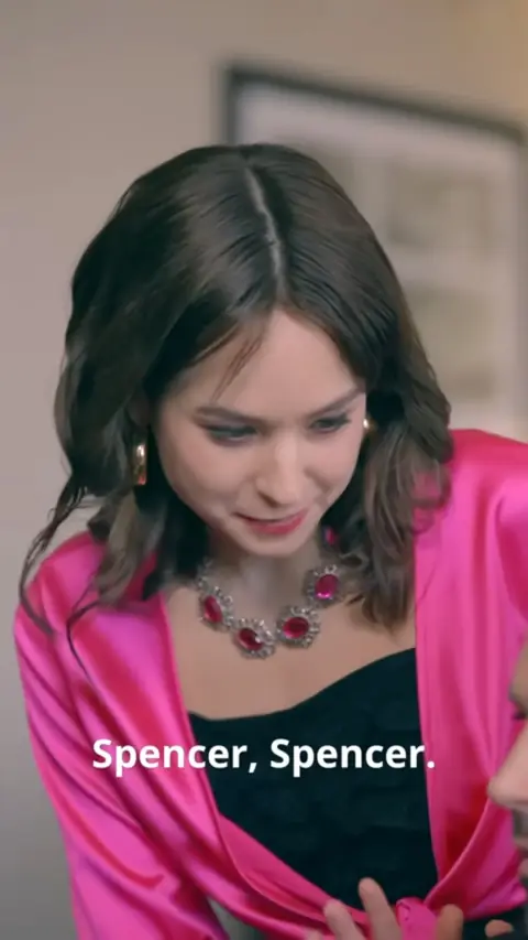 Hot pink satin jacket with a ruby statement necklace, in Always Been Mine