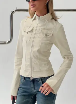 Kelehan Long Sleeve Zip Front Jacket Stonewashed Cream from Princess Polly