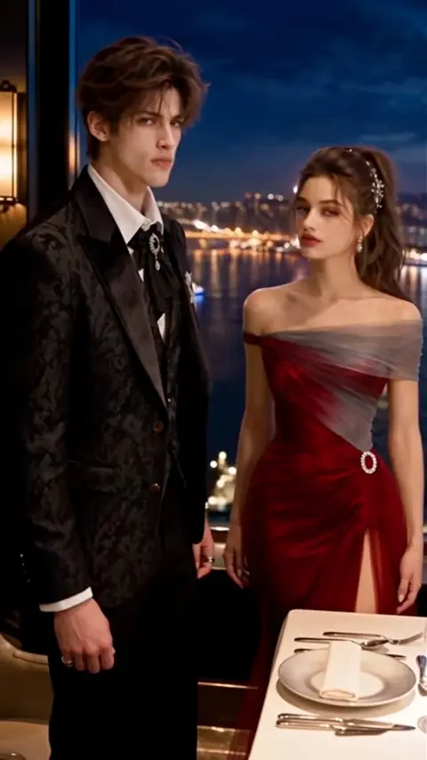 Red off-shoulder velvet gown and a black jacquard tuxedo, in Plus-Size Catfishes a Mafia Don