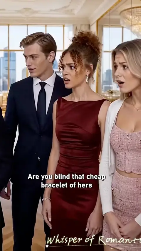Burgundy satin boat-neck sheath dress and pearl drop earrings, in Married Into a Wealthy Family by Mistake
