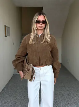 Mastery Faux Suede Bomber Jacket Brown from Princess Polly
