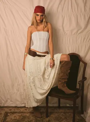 Odiana Lace Tiered Maxi Skirt Cream from Princess Polly