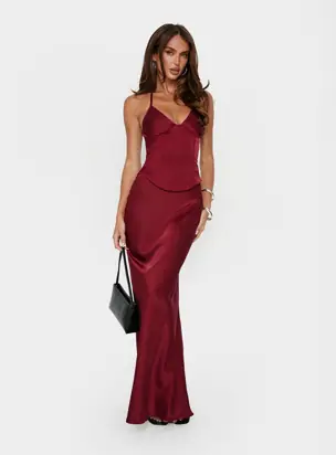 Devotedness Satin Corset Maxi Dress Deep Red from Princess Polly
