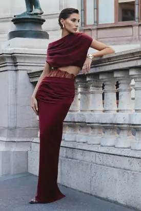 Silora | Burgundy Satin Mid Rise Maxi Skirt With Sheer Lace Panel And Draped Detailing from Club L London