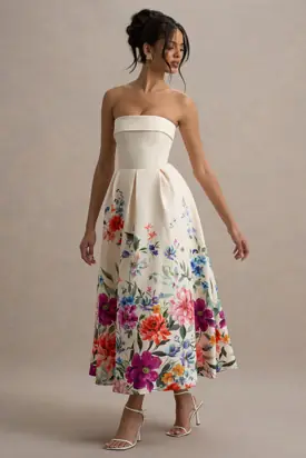 Annalise | Light Pink Floral Print Bandeau Skater Midi Dress from Club L London
