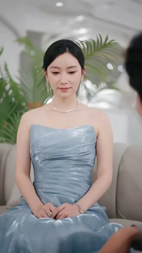 Ice-blue strapless satin gown with crystal jewellery, in The CEO Refused to Marry, Until He Met the Cleaner Who Found His Ring