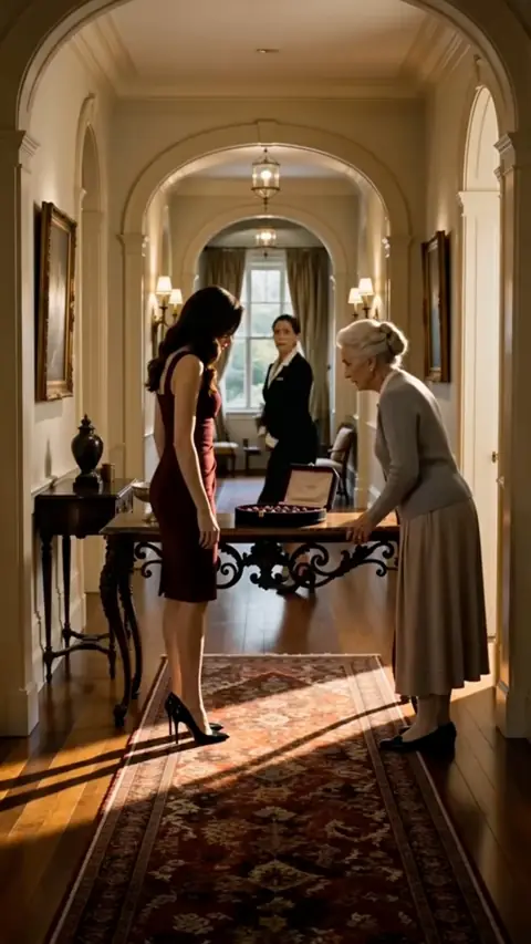 Burgundy sleeveless sheath dress with black stiletto pumps, in She Framed the Poor Nanny, Unaware She's the Lost Heiress