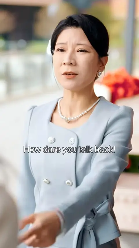 Powder-blue belted jacket with pearl necklace and earrings, in For Money, She Became a CEO's Contract Wife, but He Fell in Love