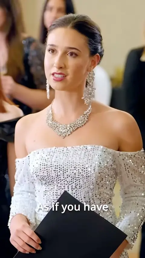 White sequin off-shoulder top with crystal necklace, in You Bullied the Wrong Woman