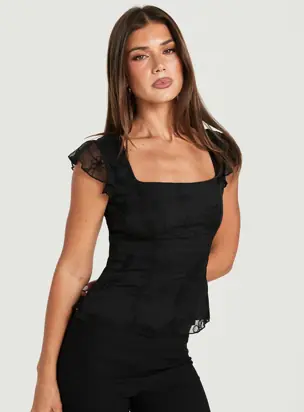 Kaelira Square Neck Frill Short Sleeve Top Black from Princess Polly