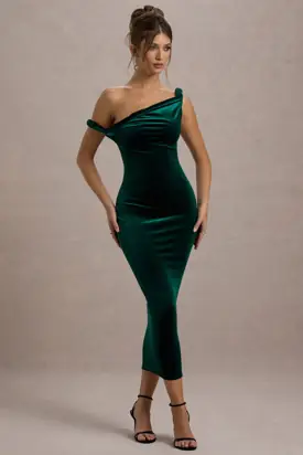 Carella | Bottle Green Velvet One Shoulder Midi Dress With Twist Detailing from Club L London