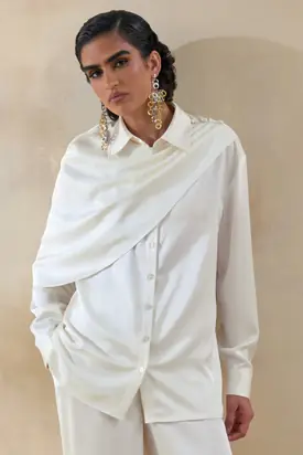 Serenza | Cream Satin Collared-Shirt With Cape-Detail from Club L London