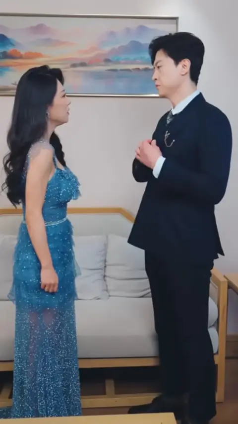 Navy single-breasted suit with white shirt and silver chain lapel brooch, still at 1:49:46 in After 5 Years as a Stand-in Husband, I Left