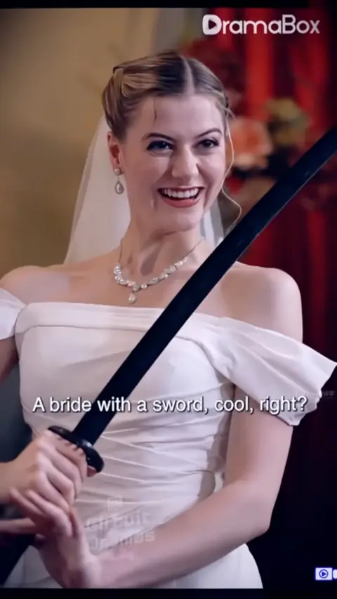White off-shoulder satin wedding gown with crystal necklace, in She Married a Homeless CEO