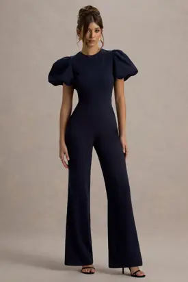 Dillon | Navy Puff-Sleeve Straight-Leg Jumpsuit from Club L London