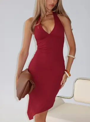 Whimsy Asymmetrical Midi Dress Burgundy from Princess Polly