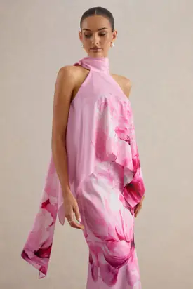 Sancelle | Pink Border Floral Print Satin High Neck Top With Ruching from Club L London