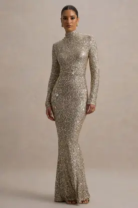 Galaxy | Champagne Sequin High Neck Long Sleeve Maxi Dress from Club L London