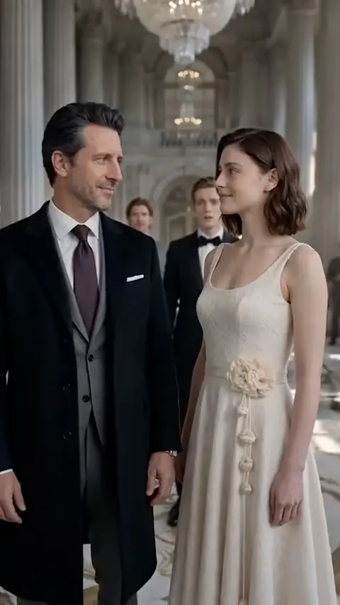 Black overcoat and burgundy tie; ivory lace gown, in Hidden Billionaire: Betrayed by His Wife
