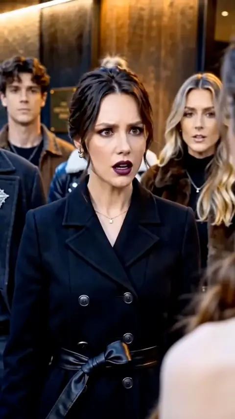 Black double-breasted belted coat with a gold pendant, in I Married a Homeless Man, but He Was Actually a Famous Movie Star
