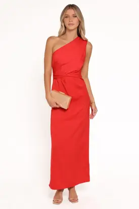 Nadia One Shoulder Maxi Dress - Red Jacquard Satin from Petal & Pup