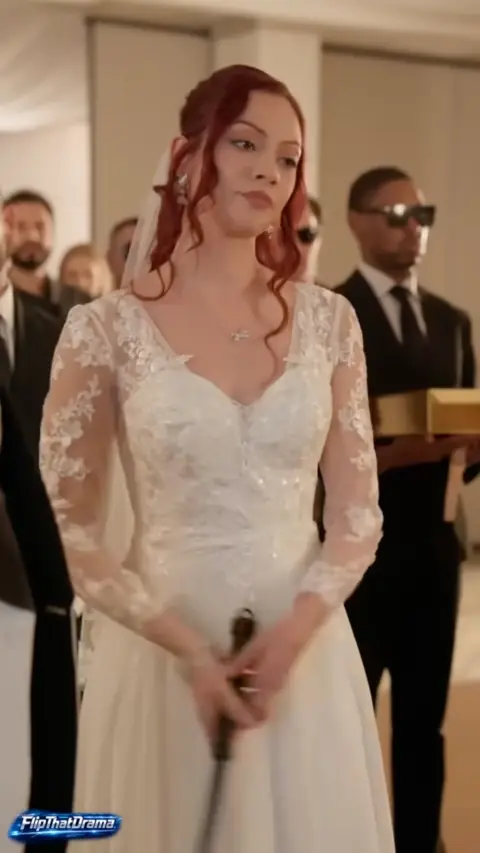 Ivory lace long-sleeve V-neck wedding gown and veil, in The Mafia King at His Wife's Wedding