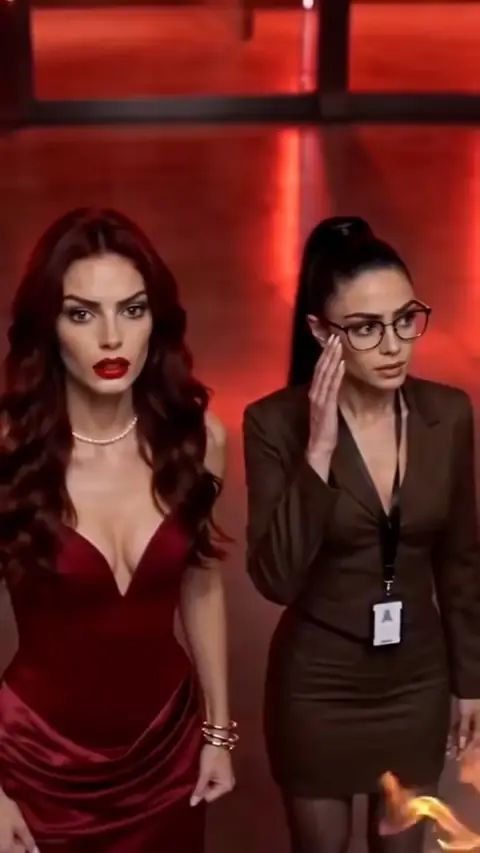Burgundy velvet plunging draped dress, pearl choker necklace and rose-gold stacked bangle bracelets, still at 1:26:29 in World's Top Agent Hid as Her Bodyguard