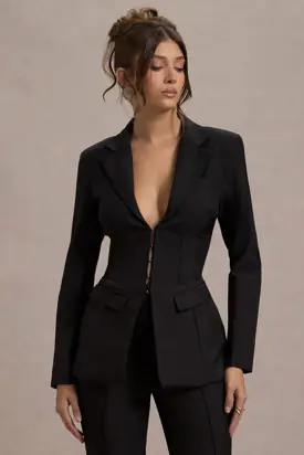 Unbeaten | Black Plunge Corset Waist Blazer from Club L London