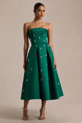 Sylvette | Dark Green Satin Embellished Bandeau Skater Midi Dress from Club L London