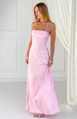 Blaise Pink Satin Maxi Dress from Beginning Boutique