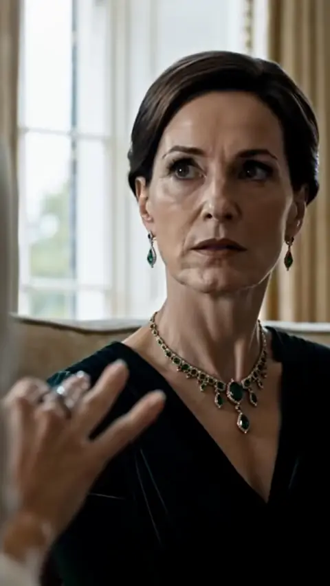 Black V-neck top with emerald necklace and earrings, in Her Family Humiliated Her at the Funeral, Now the True Heiress Takes It All Back