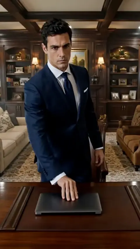 Navy suit, white shirt and navy tie, in She Framed the Poor Nanny, Unaware She's the Lost Heiress
