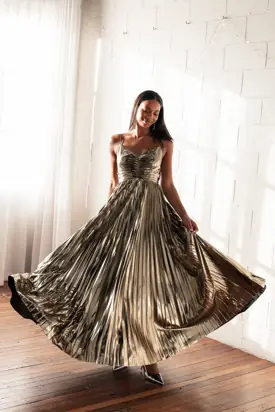 Naira Pleated Maxi Dress - Gold from Petal & Pup