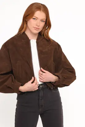 Goldie Faux Suede Bomber Jacket - Brown from Petal & Pup