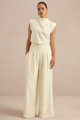 Lalia | Cream High Rise Wide Leg Trousers from Club L London