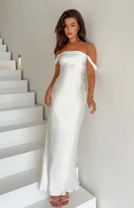 Ella White Off Shoulder Formal Dress from Beginning Boutique