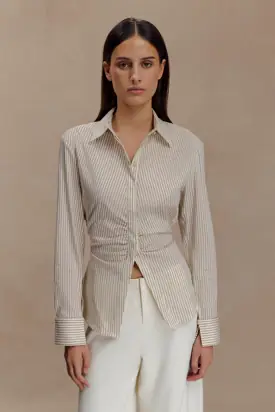 Millie Tie Back Cotton Shirt - Beige Pinstripe from MESHKI
