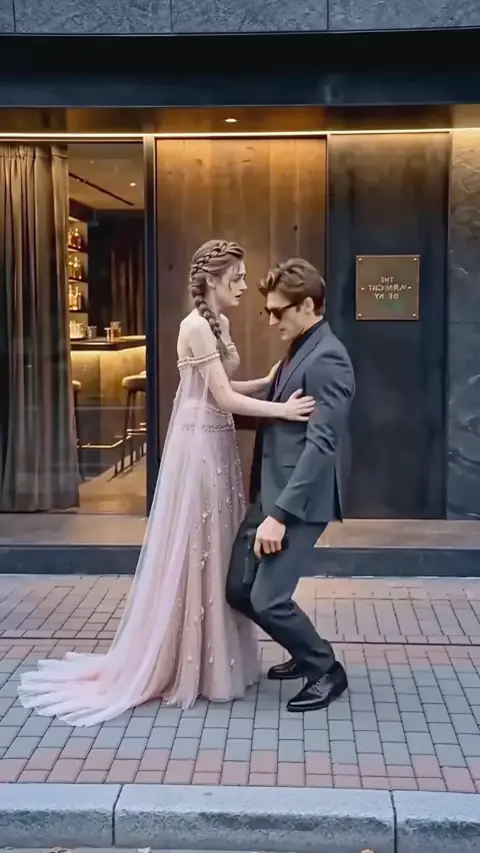 Blush beaded tulle cape gown and slate grey suit, in I Married a Homeless Man, but He Was Actually a Famous Movie Star