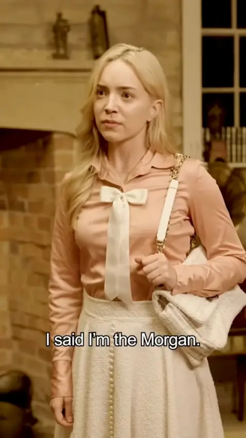 Blush satin bow blouse with cream tweed midi skirt, in The Prince's Forbidden Heiress