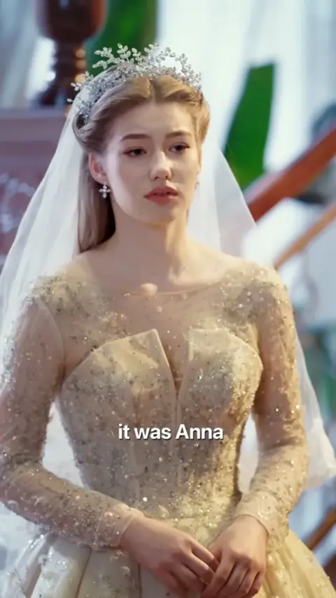 Champagne beaded long-sleeve ball gown with tiara and veil, in Rushed into Love: The Pregnant Heiress