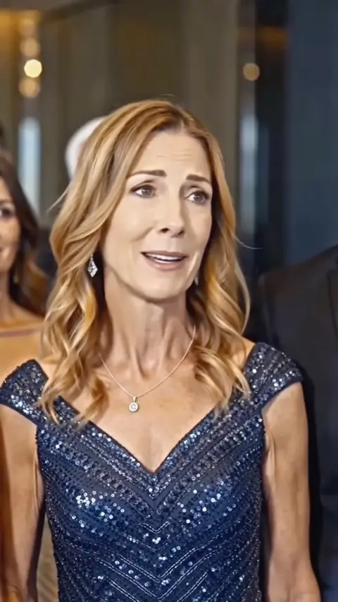 Navy sequin V-neck cap-sleeve dress with crystal drops, in I Married a Homeless Man, but He Was Actually a Famous Movie Star