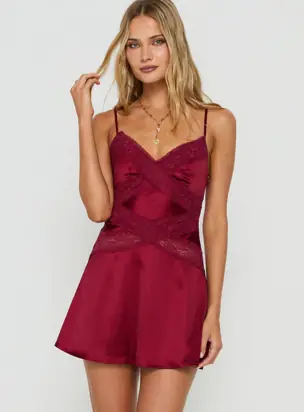 Avelisse Lace Detail Satin Mini Dress Burgundy from Princess Polly