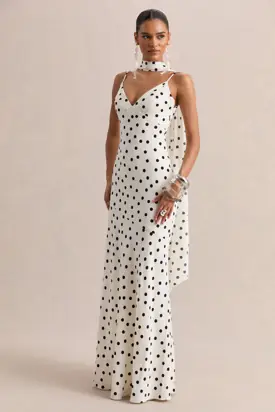 Starling | White & Black Polka Dot Matte Satin Plunge-Neck Maxi Dress With Scarf-Detail from Club L London