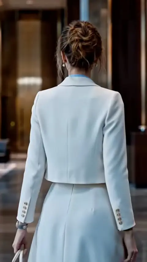 Ice-blue cropped blazer with a matching midi skirt, in Her Family Humiliated Her at the Funeral, Now the True Heiress Takes It All Back